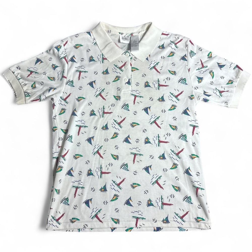 Vintage Mossimo Nautical Sailboat Anchor Polo Shirt Women Small White 90s Y2K